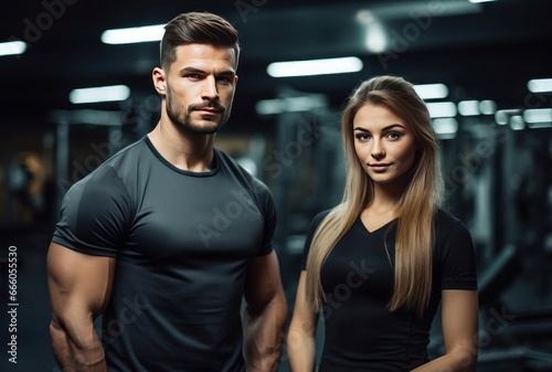 Young trainer and woman engaged in city gym. Person male active lifestyle workout. Generate Ai
