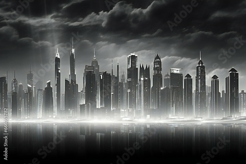 Abstract futuristic city on a dark background with light rays and reflection