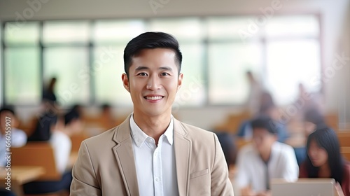 Portrait of a young Asian male teacher in a classroom