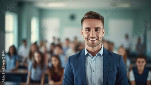 Portrait of a young male teacher in a classroom