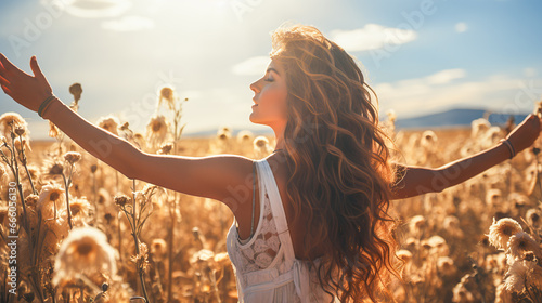 woman who, in a relaxed pose, puts her arms in the air and lifts her head into the last rays of sunshine of the day creates a dreamy image picture in the evening sun photo
