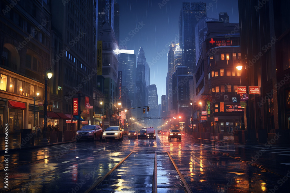 Old town street raining at night 3D rendering