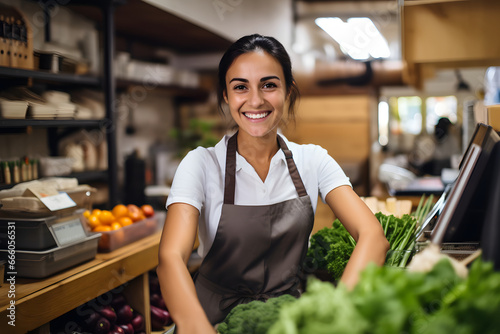 Verkäuferin im Supermarkt: Professionelle Kundenserviceerfahrung und Produktpräsentation im Einzelhandelsumfeld photo