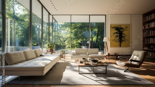 Modern living room design interior with grey sofa, sconce, coffee table and big window. Large-scale minimalist interior © Kaluya Stock