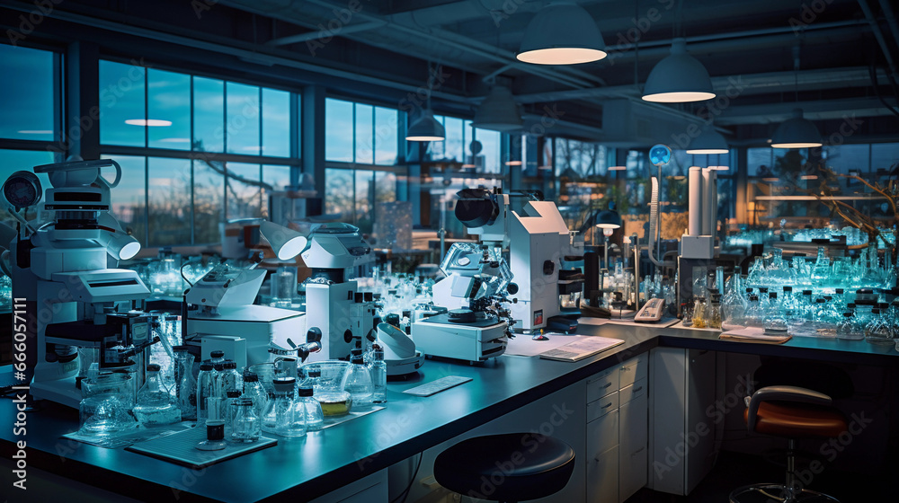 Fototapeta premium A modern lab setup with an array of electron microscopes, pipettes, and test tubes, warm ambient lighting