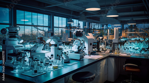 A modern lab setup with an array of electron microscopes, pipettes, and test tubes, warm ambient lighting © Marco Attano