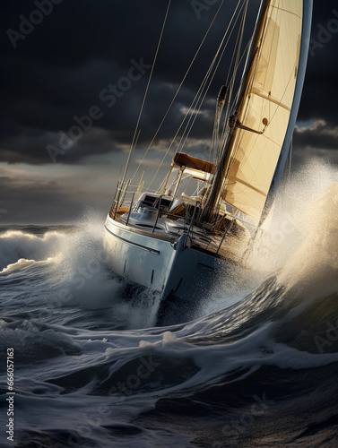 A robust sailing yacht confronting towering waves in a storm, dramatic and moody © Marco Attano