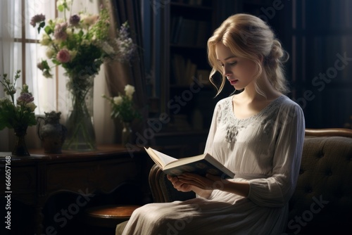 Young woman reading book at home interior at armchair. Rest comfort cozy calm learning. Generate Ai