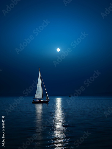 A sailing yacht illuminated under a full moon, mysterious ambiance, subtle glow on the sails, dark blue waters