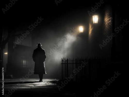 Classic noir scene  man in a trench coat under a flickering street lamp  foggy night  black and white  high contrast