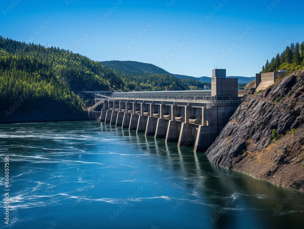 Hydroelectric dam, powerful water flow, distant mountains, captured during sunny day Hydroelectric dam, powerful water flow, distant mountains, captured during sunny day