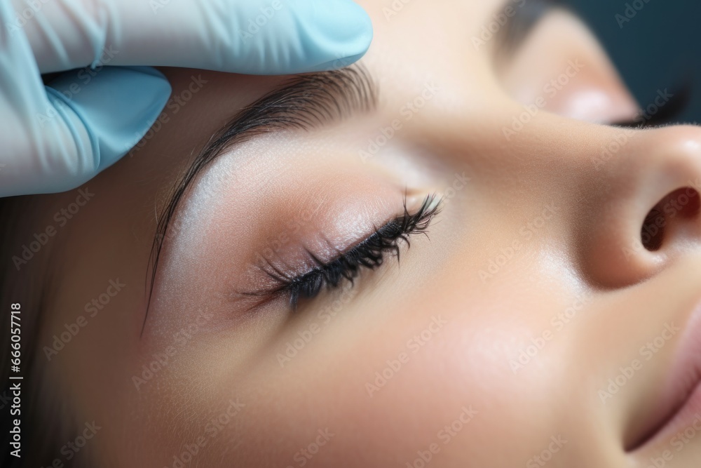 Young woman undergoing eyelash extensions. Salon spa procedure of care face. Generate Ai