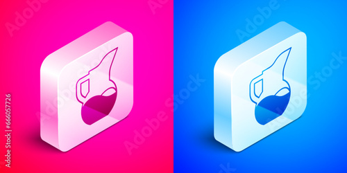 Isometric Milk jug or pitcher icon isolated on pink and blue background. Silver square button. Vector