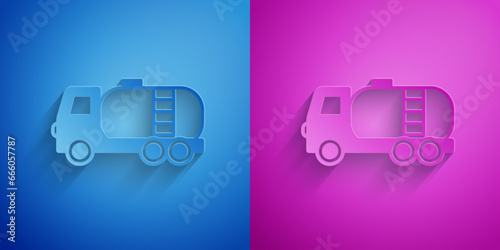 Paper cut Tanker truck icon isolated on blue and purple background. Petroleum tanker, petrol truck, cistern, oil trailer. Paper art style. Vector