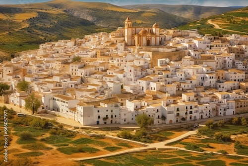 Name of Spanish town San Juan de Aznalfarache in Andalusia region against a background image. Generative AI