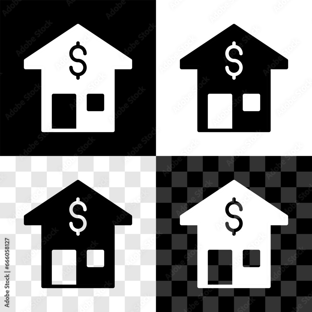 Set House with dollar symbol icon isolated on black and white, transparent background. Home and money. Real estate concept. Vector