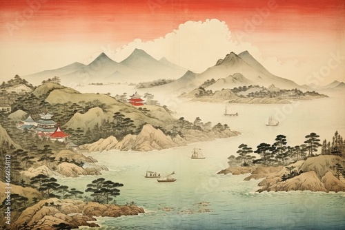 Japanese landscape from the Edo period depicted in ukiyo-e style. Generative AI