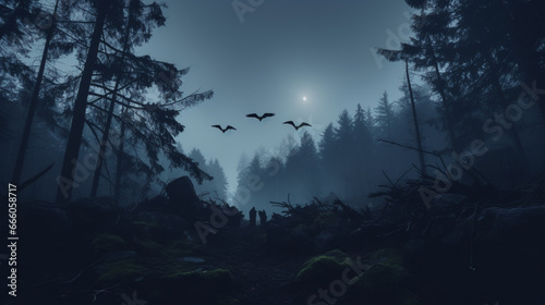 Dead cliff road on the dead mysterious forest with three crows on the night. Generative Ai photo
