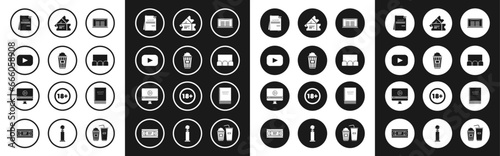Set Buy cinema ticket online, Popcorn cardboard box, Play, Scenario, , Cinema, and Online play video icon. Vector