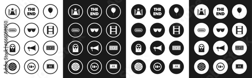 Set Balloon with ribbon, Cinema poster design template, Carpet barriers star, Play Video, The End handwritten inscription, VHS video cassette tape and Funny scary ghost icon. Vector