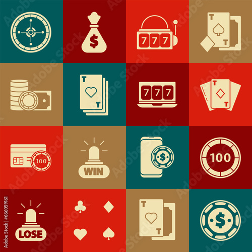 Set Casino chip with dollar, chips, Playing card diamonds, Slot machine lucky sevens jackpot, heart, and stacks money cash, roulette wheel and Online slot icon. Vector