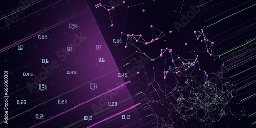 Abstract background contain chaotic web grid with color spheres and data on black. Big Data. Technology wireframe interlacement concept in virtual space. Banner for business, science and technology 