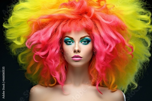 Portrait of a beautiful young woman with bright makeup and colorful wig