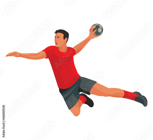 Thai handball team player in a red equipment who rushes and swings to throw the ball at the target