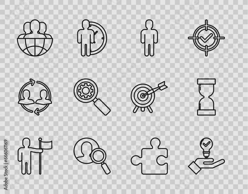 Set line Man holding flag, Light bulb hand, User of man business suit, Magnifying glass for search people, Globe, gear, Piece puzzle and Old hourglass with flowing sand icon. Vector photo