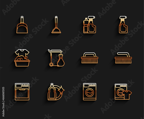 Set line Washer, Plastic bottles for liquid dishwashing liquid, Dustpan, and t-shirt, Trash can, Brush cleaning and icon. Vector
