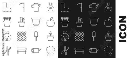 Set line Cloud with rain, Plant pot, Apple, Watering can, Cactus and succulent, Plants, Waterproof rubber boot and Flower icon. Vector