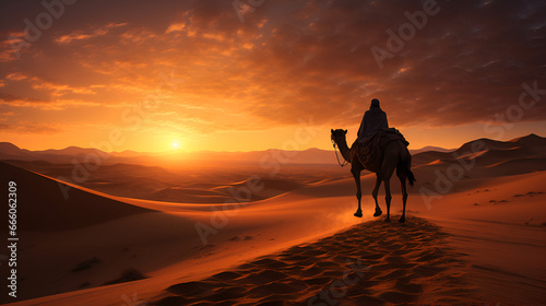 a man wearing a robe crosses the Sahara desert with his camel as the sun sets