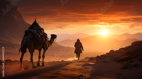 a man wearing a robe crosses the Sahara desert with his camel as the sun sets