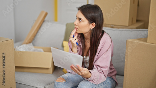Young beautiful hispanic woman reading document sitting on sofa thinking at new home