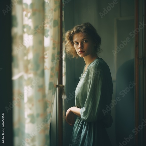 dreamy street photo cute pretty young woman glass window reflection glare gloomy sadness moment