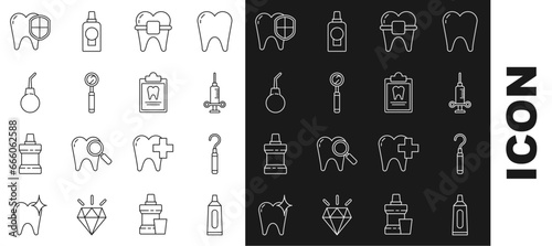 Set line Tube of toothpaste, Dental explorer scaler for teeth, medical syringe, Teeth with braces, inspection mirror, Enema pear, protection and Clipboard dental card icon. Vector