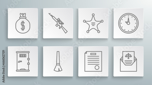 Set line Prison cell door, Sniper rifle with scope, Paint brush, The arrest warrant, Subpoena, Hexagram sheriff, Clock and Money bag icon. Vector