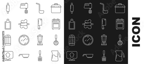 Set line Jug glass with water, Pizza knife, Oven, Kitchen ladle, Rolling pin on dough, Cutting board, and Meat chopper icon. Vector