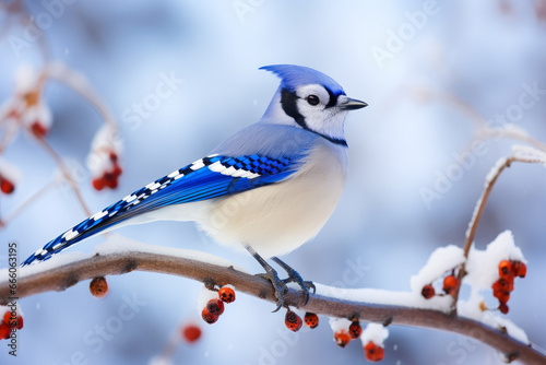 Blue Jay Bird In Winter On A Tree Branch. Snow Blurred Background. Ai Generated
