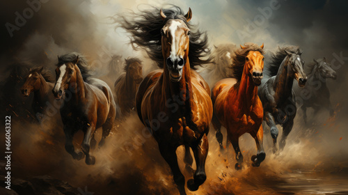 Horses herd run in desert sand storm against dramatic sky.