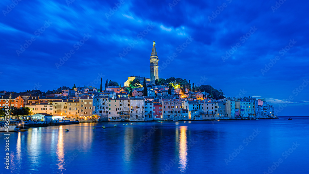 Rovinj, Croatia. Beautiful romantic old town of Rovinj at night, Istria Peninsula, Croatia, Europe.