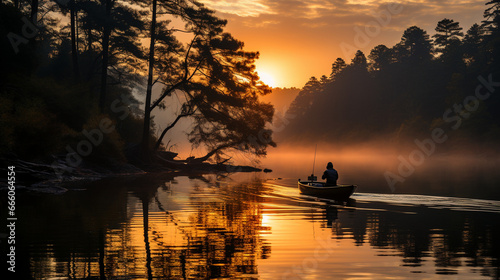 A solitary fisherman, bathed in the golden hues of the setting sun, patiently casting his line into the tranquil river