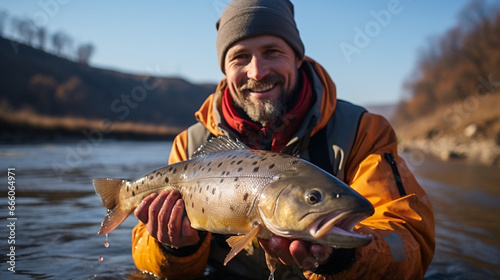 The satisfaction of the catch: A proud fisherman holds up a beautiful trout, its colors vivid against the river backdrop
