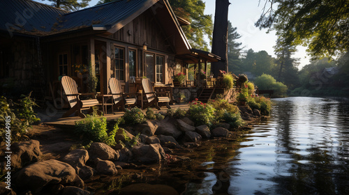 A pair of fishing rods leans against a rustic cabin, promising leisurely days by the river's edge