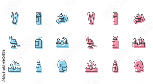 Set line Oil for hair care treatment  bottle  Curling iron  Mustache and beard  Bottle of shampoo  Human follicle  Barbershop chair and Shaving gel foam icon. Vector