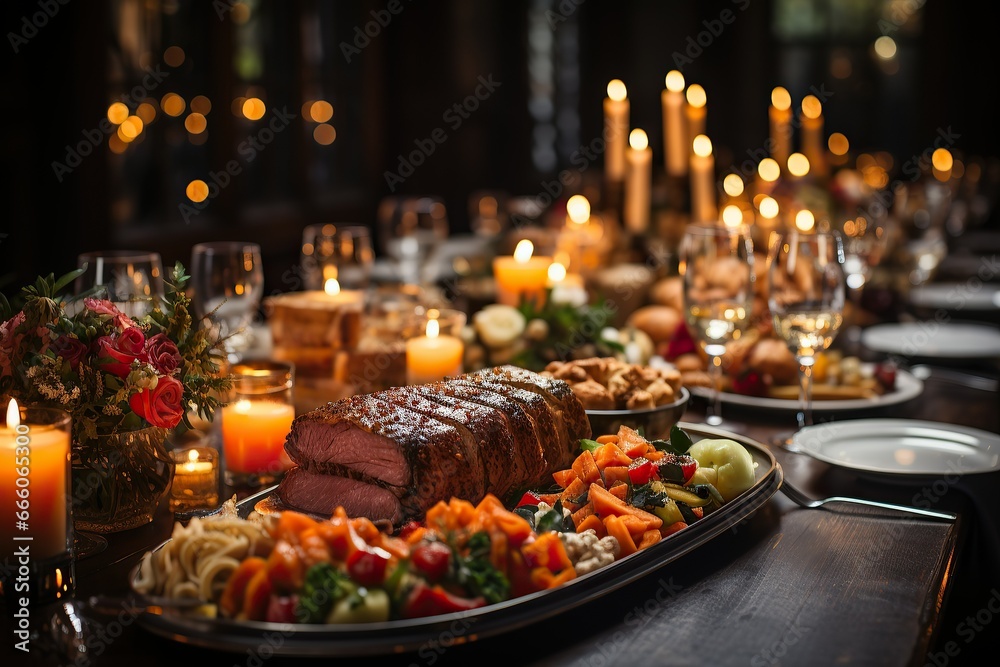 Family steak dinner by candlelight