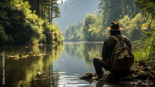 A contemplative moment: A fisherman watches the river's flow, lost in thought while surrounded by nature's beauty