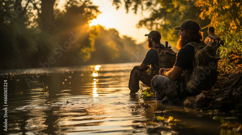 Fishing buddies: A group of friends gather by the river, sharing stories, snacks, and the thrill of casting their lines together