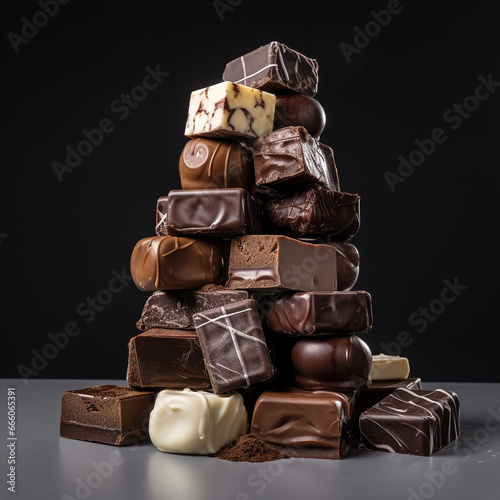 Chocolates in a pile on an unusual background, close-up shots, food for every day. photo