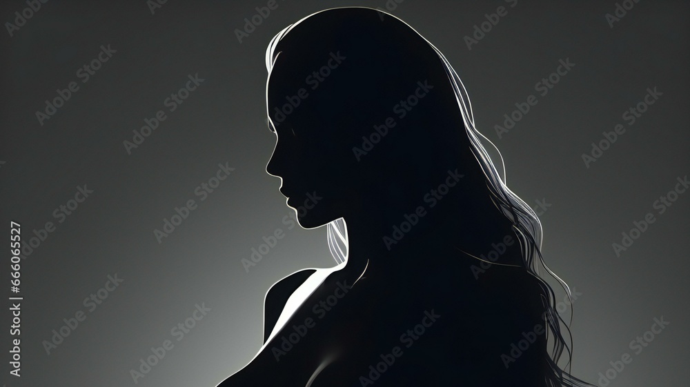 Silhouette of a beautiful woman with long hair on a gray background